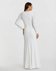 White Long Sleeve Keyhole Draped Gown
