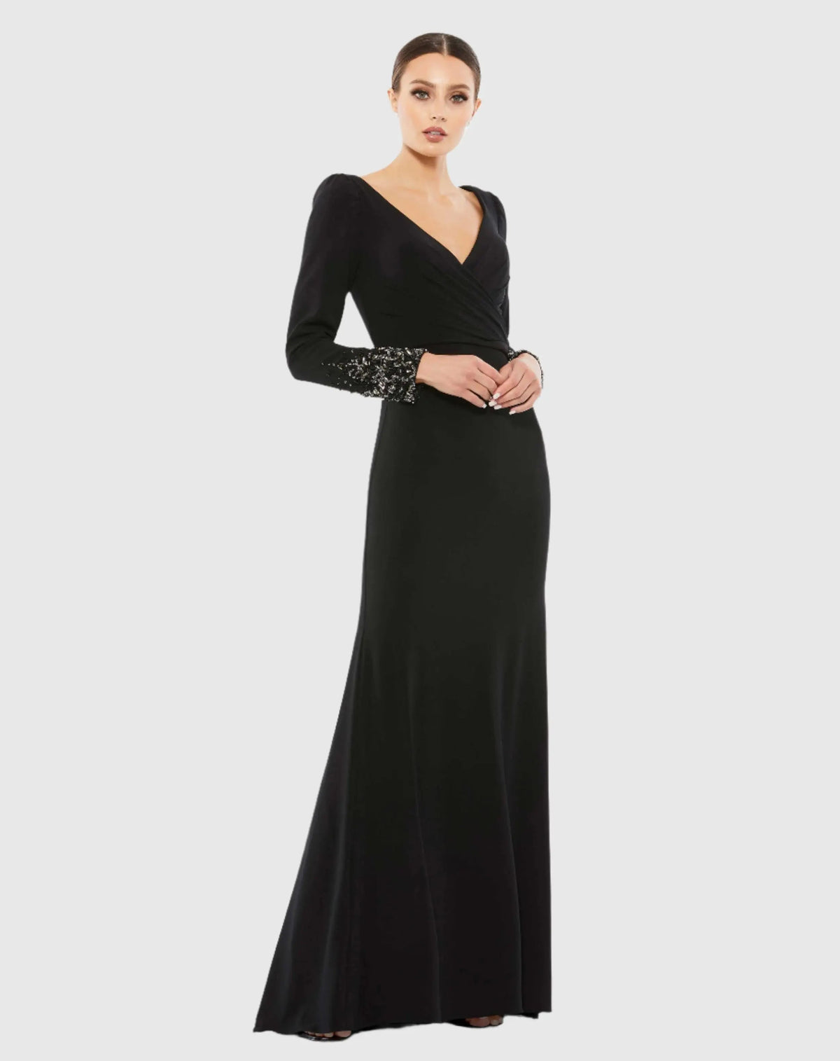 Black Beaded Cuff Long Sleeve Wrap Over Trumpet Gown
