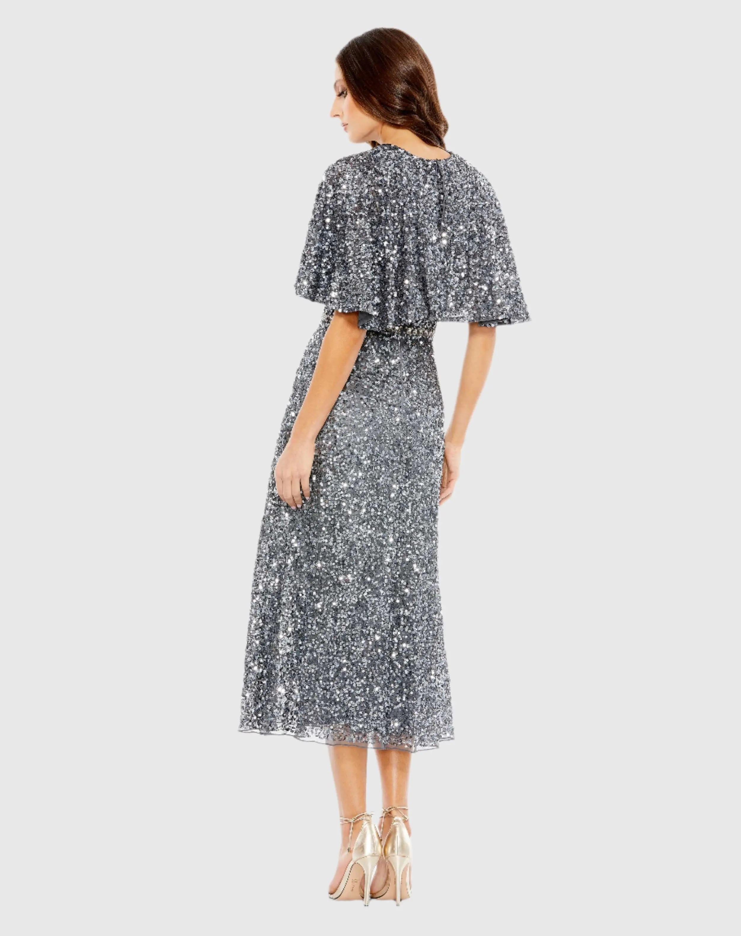 Gray Embellished Cape High Neck Midi Dress