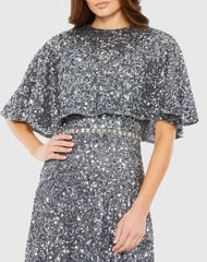 Gray Embellished Cape High Neck Midi Dress