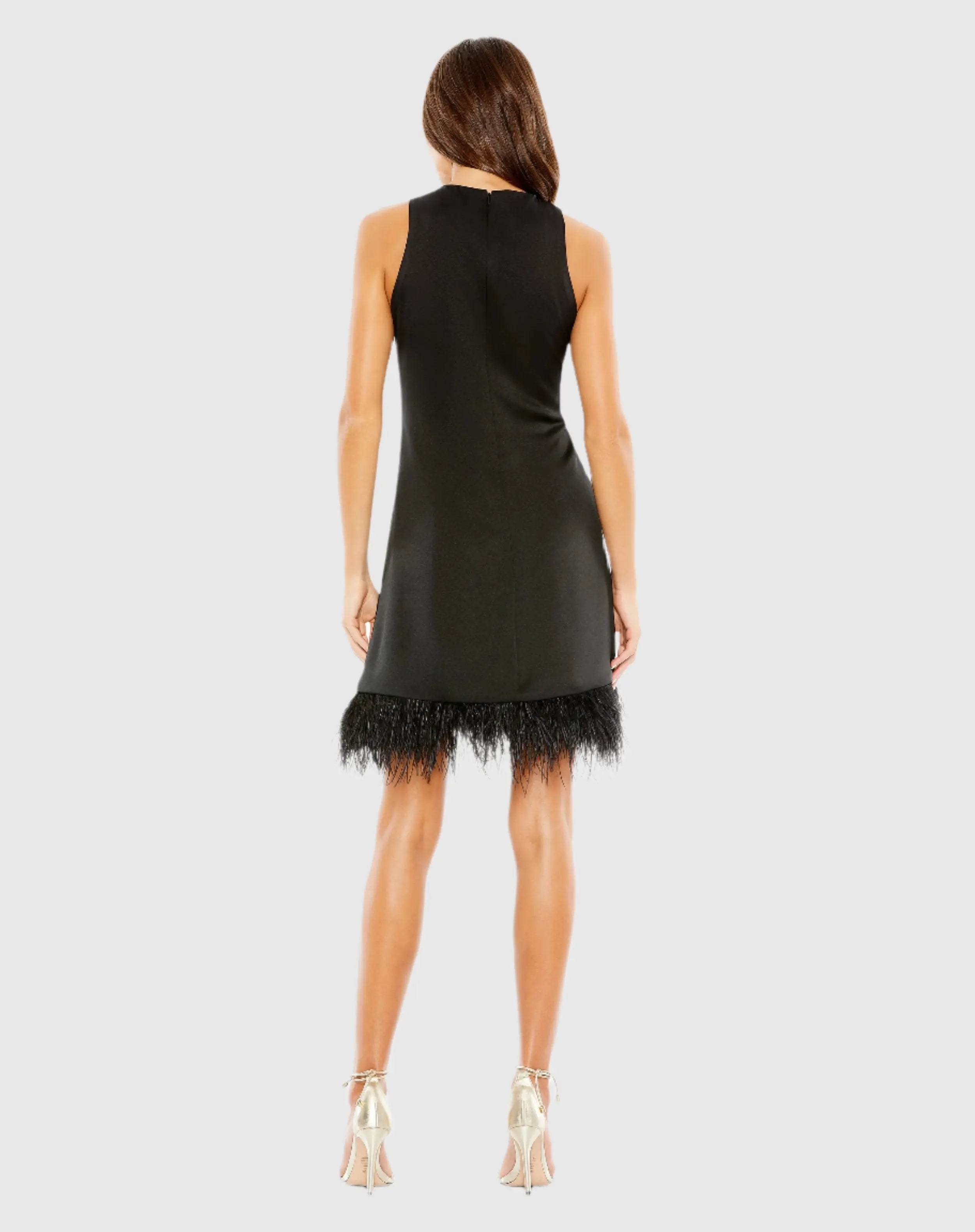 Black Feathered Hem High Neck Sleeveless Trapeze Dress
