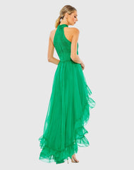 Green Ruffle Tiered High Low Pleated Halter Neck Gown
