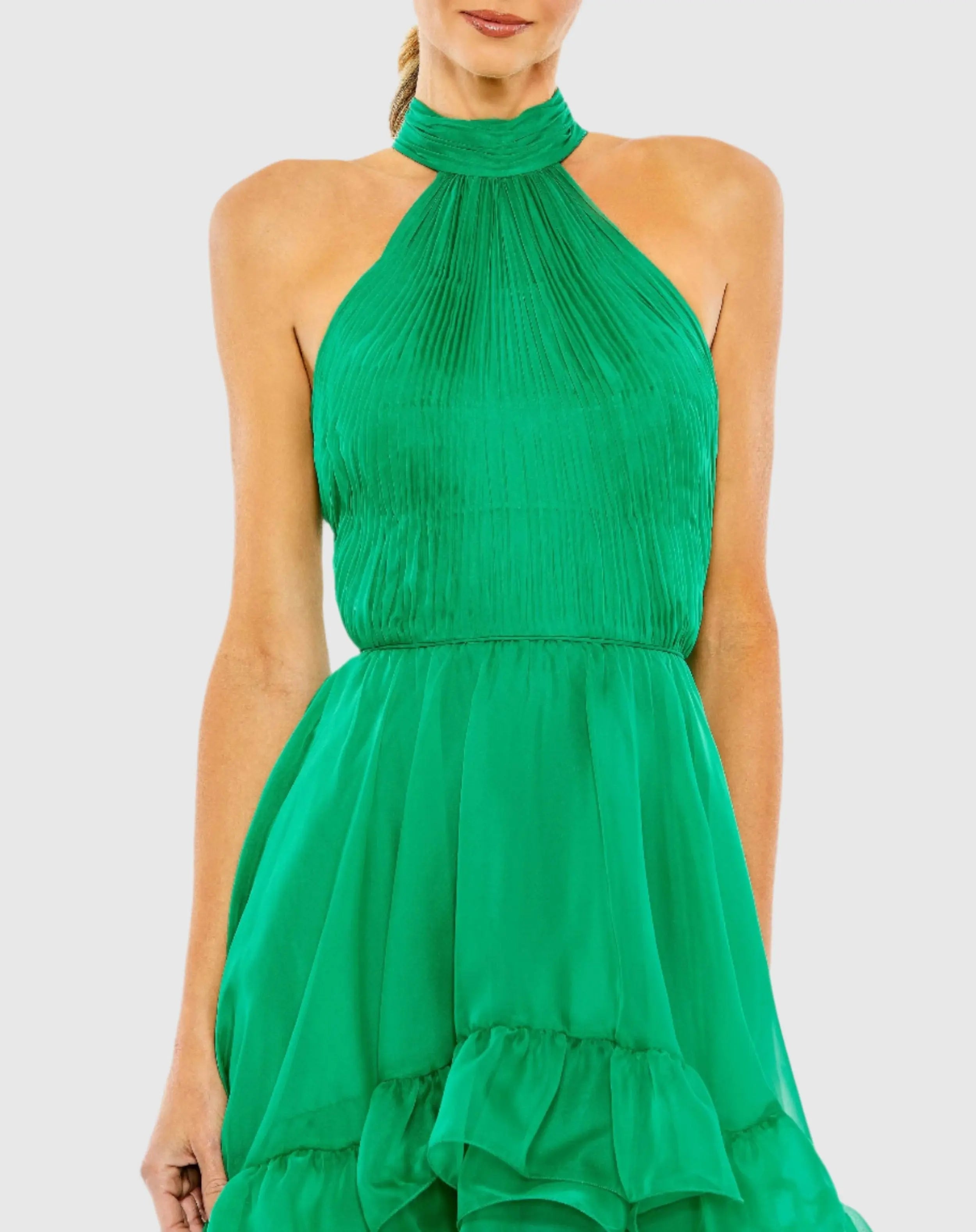 Green Ruffle Tiered High Low Pleated Halter Neck Gown