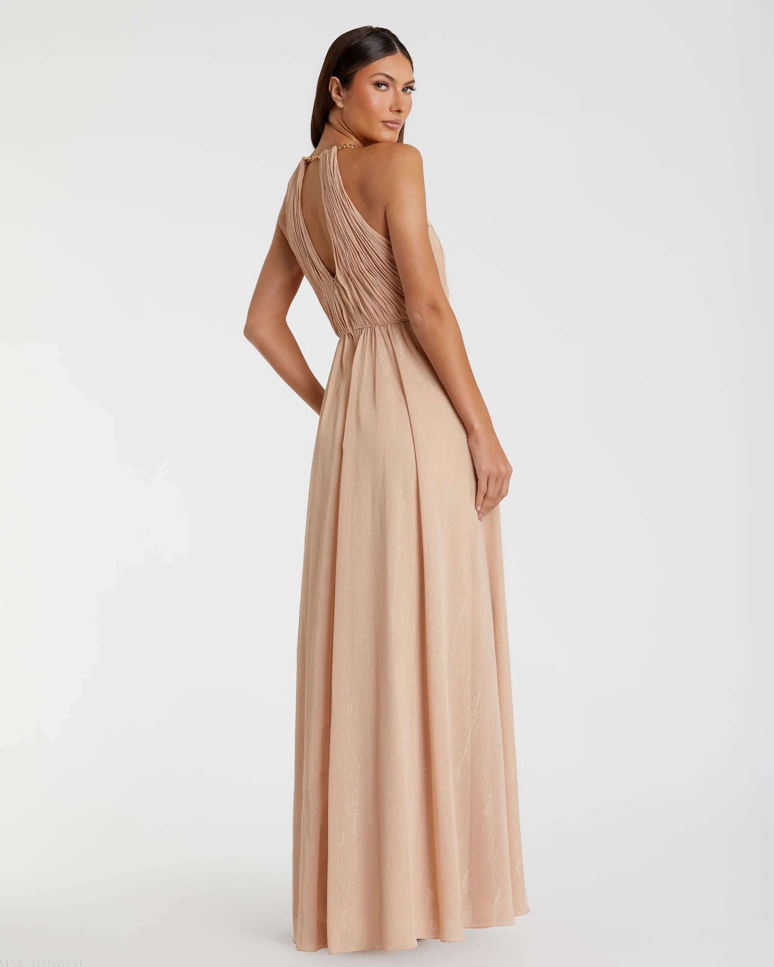 Beige Chain Trim Keyhole Halter Neck A Line Gown