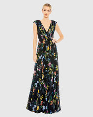 Multicolor Pleated Floral Cap Sleeve A Line Gown