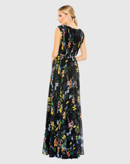 Black Multicolor Pleated Floral Cap Sleeve A Line Gown