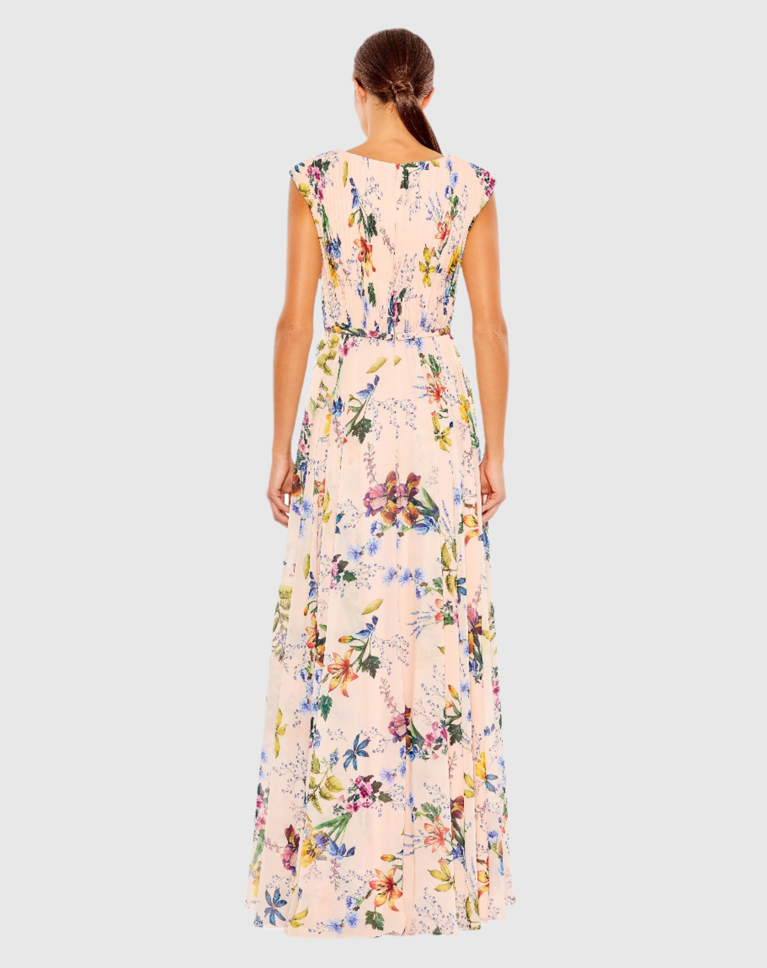 Pink Multicolor Pleated Floral Cap Sleeve A Line Gown