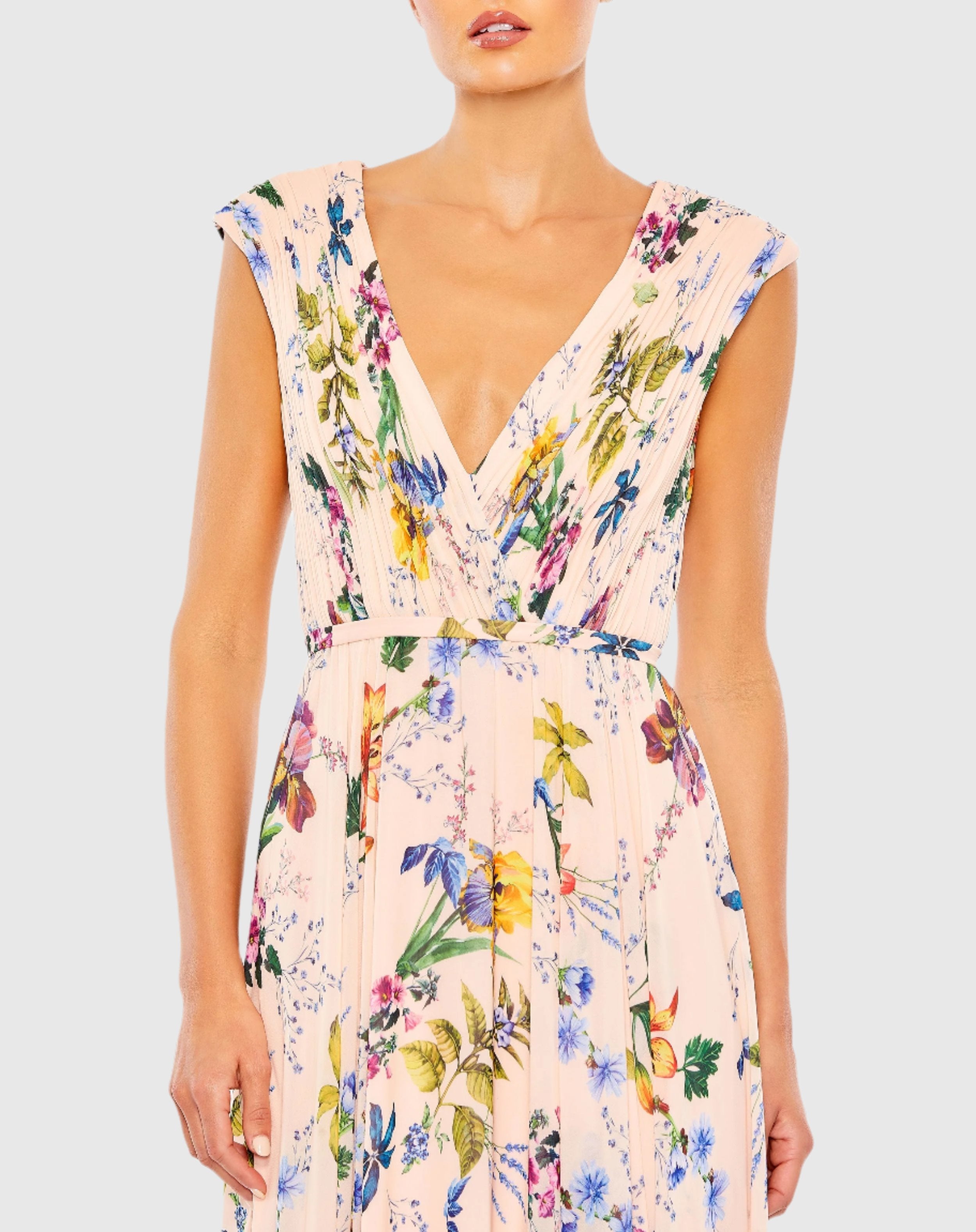 Pink Multicolor Pleated Floral Cap Sleeve A Line Gown