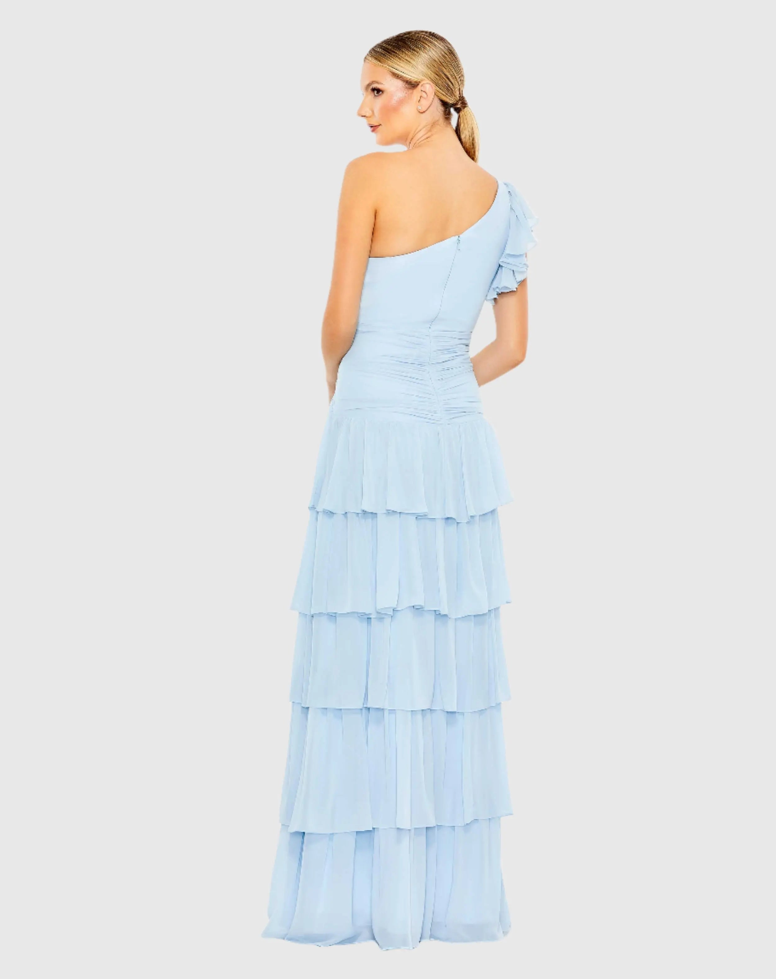 Blue Ruffle Tiered One Flutter Sleeve Gown