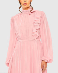 Pink Draped High Neck Long Sleeve Mini Dress