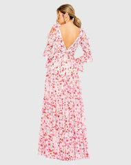 Pink Ruffle Sleeve Floral Print Gown