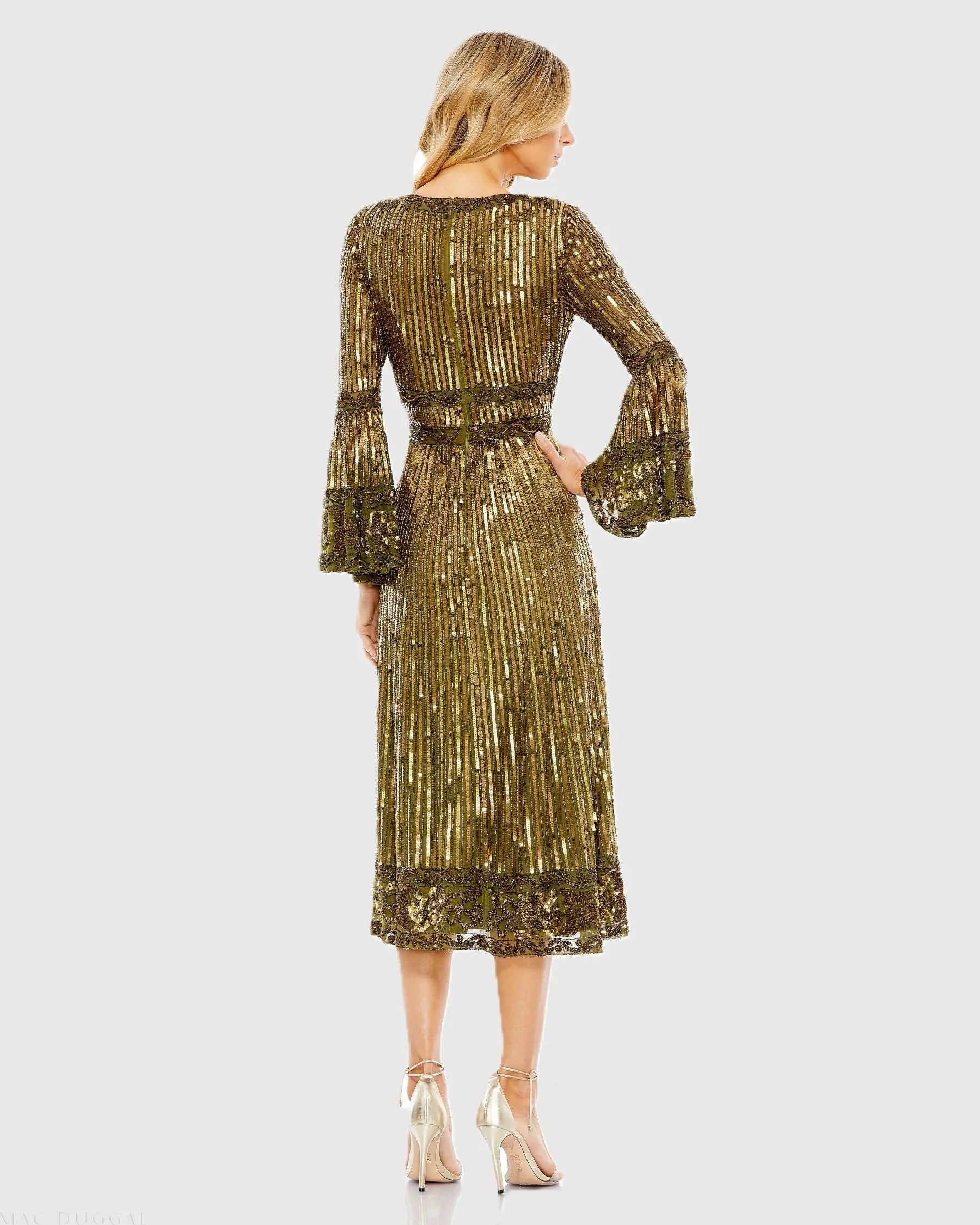 Green Embellished 3/4 Sleeve V Neck A Line Dress