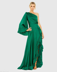 Long One Sleeve Asymmetrical Ruffle Hem Gown