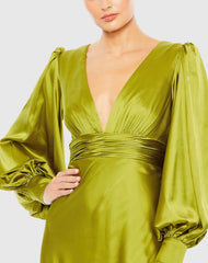 Green Charmeuse Bishop Sleeve V Neck Gown