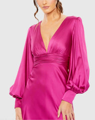Pink Charmeuse Bishop Sleeve V Neck Gown