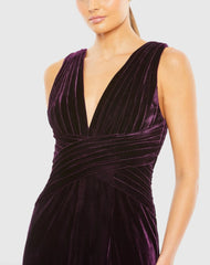 Purple Velvet Pleated Sleeveless Plunge Neckline Gown