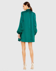 Green Soft Tie High Neck Pull Sleeve Shirt Dress