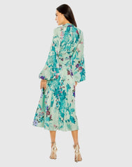 Green Keyhole Satin Long Sleeve Floral Dress