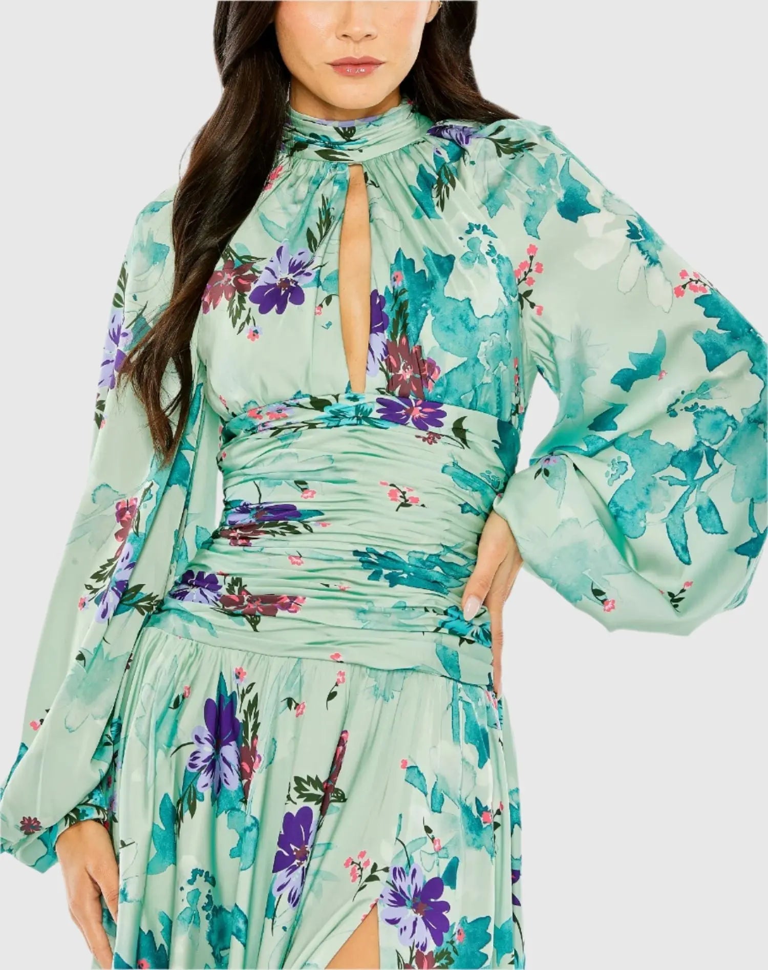 Green Keyhole Satin Long Sleeve Floral Dress