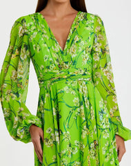 Green Puff Sleeve Floral Chiffon Gown