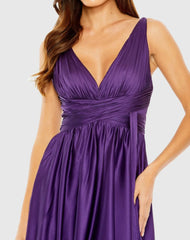 Purple Ruched Top Satin Pleated Tea Length Dress