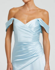 Blue Satin Off The Shoulder Crossover Gown