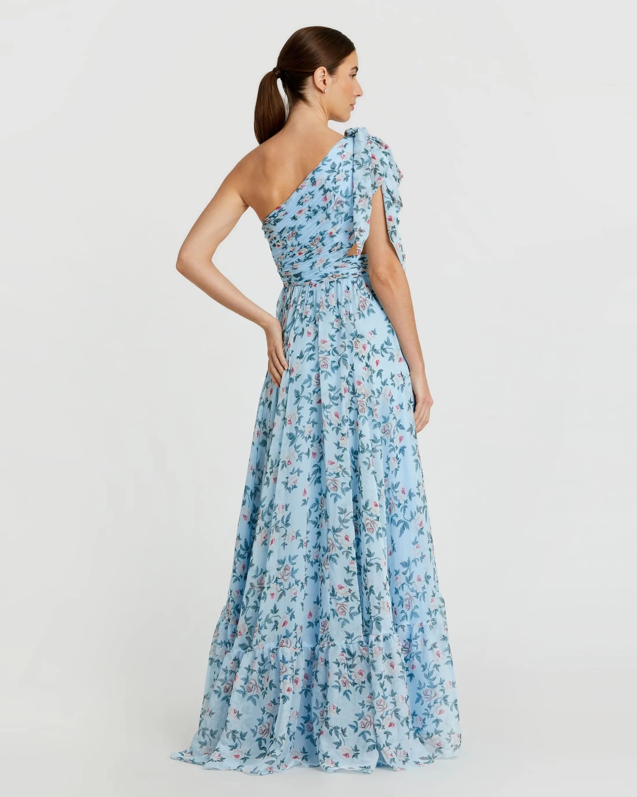 Blue Floral Chiffon One Shoulder Gown