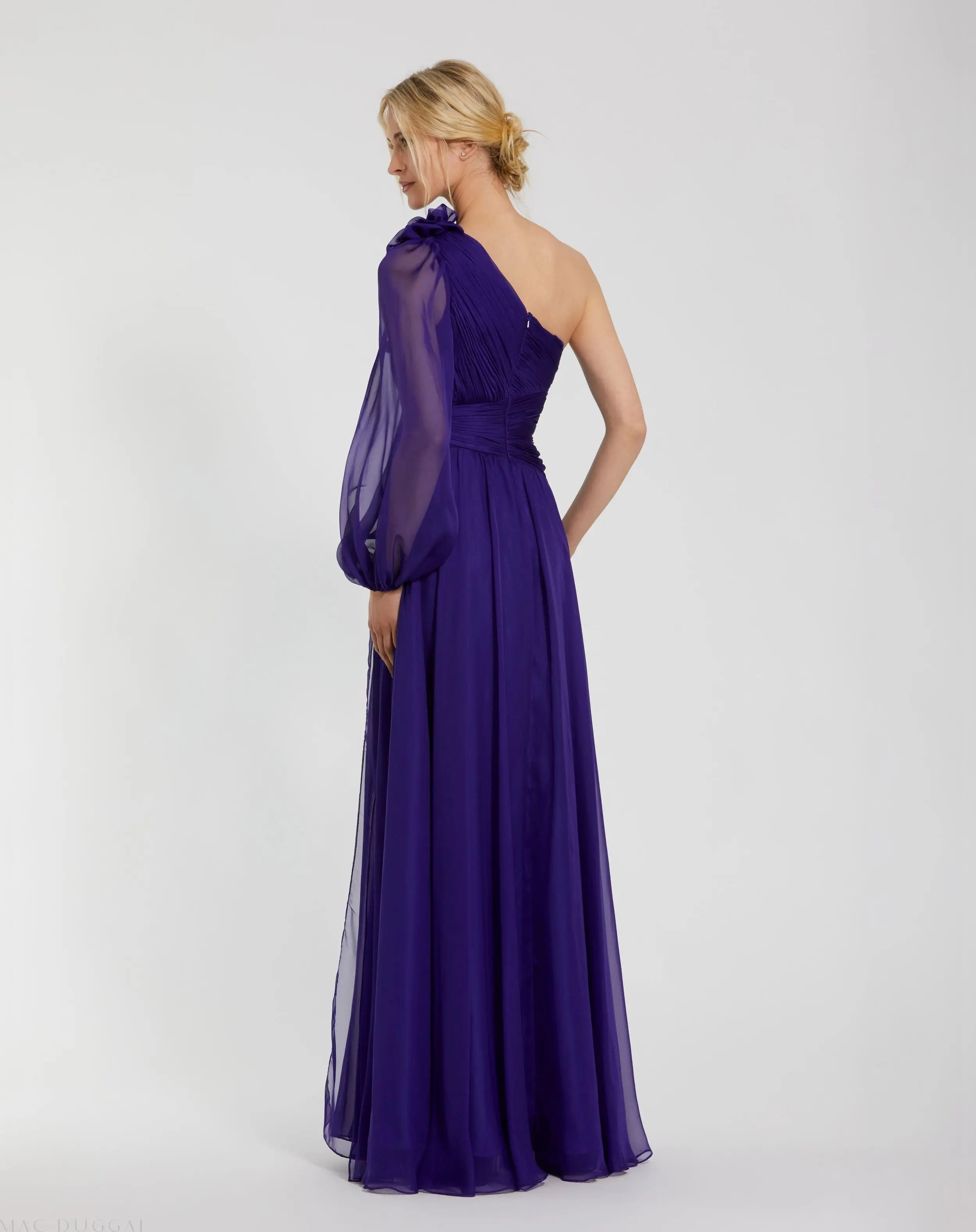Purple One Sleeve Ruched Chiffon Gown With 3D Flower