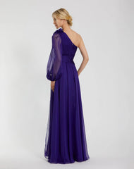 Purple One Sleeve Ruched Chiffon Gown With 3D Flower