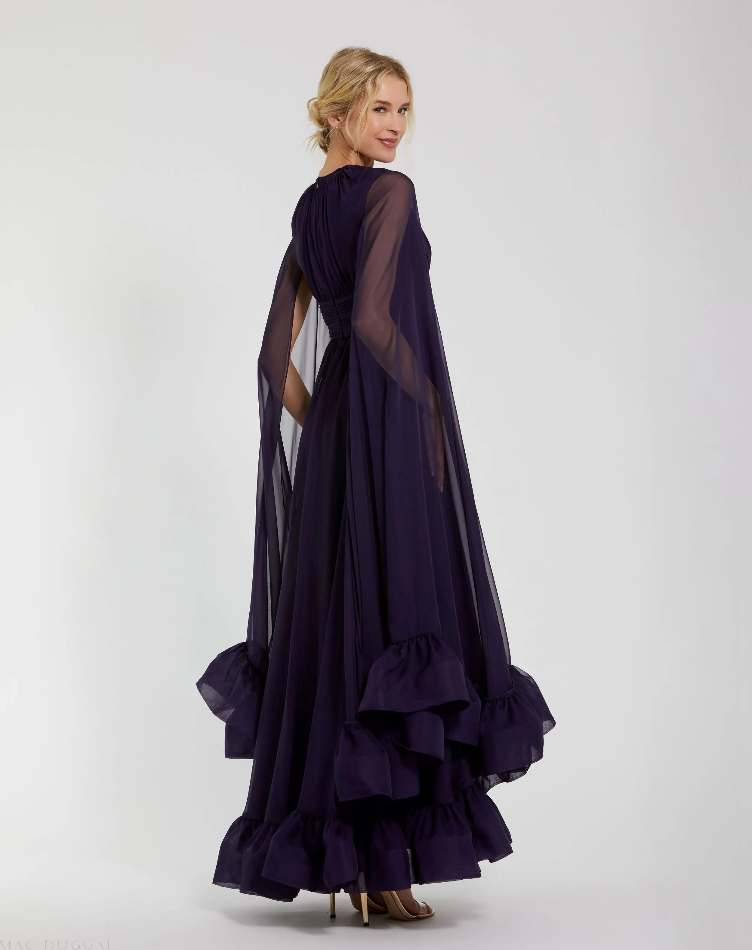 Purple Chiffon Cape Sleeve Ankle-Length Dress With Keyhole
