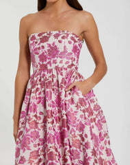Pink Floral Brocade Strapless A Line Midi Dress