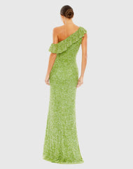 Green Sequined Drop Shoulder Trumpet Gown