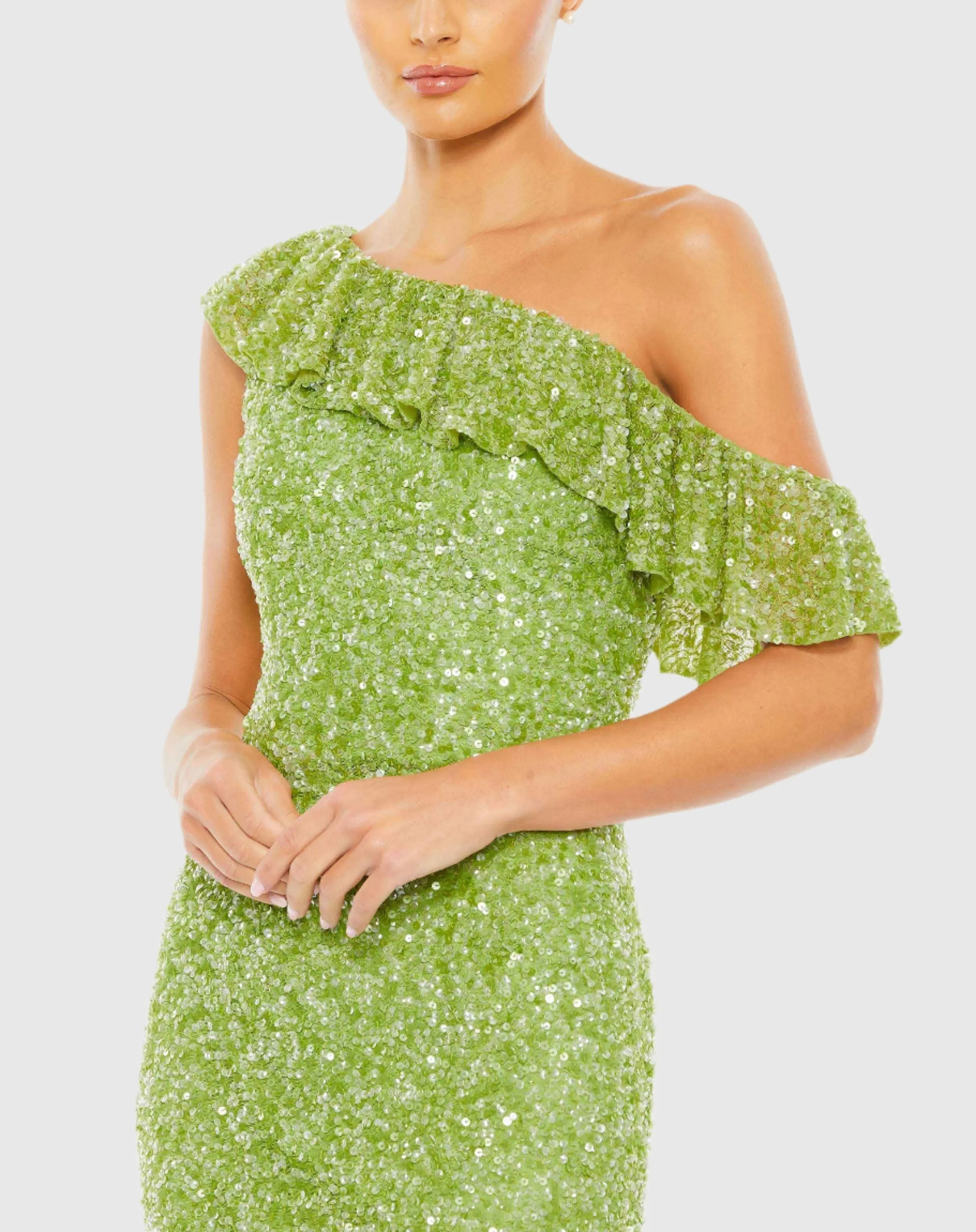 Green Sequined Drop Shoulder Trumpet Gown