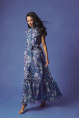 Purple Printed Chiffon Ruffle Sleeve Gown With Bow Belt