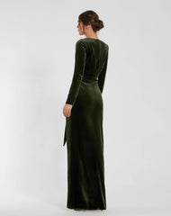 Green Ruched Velvet Column Evening Gown