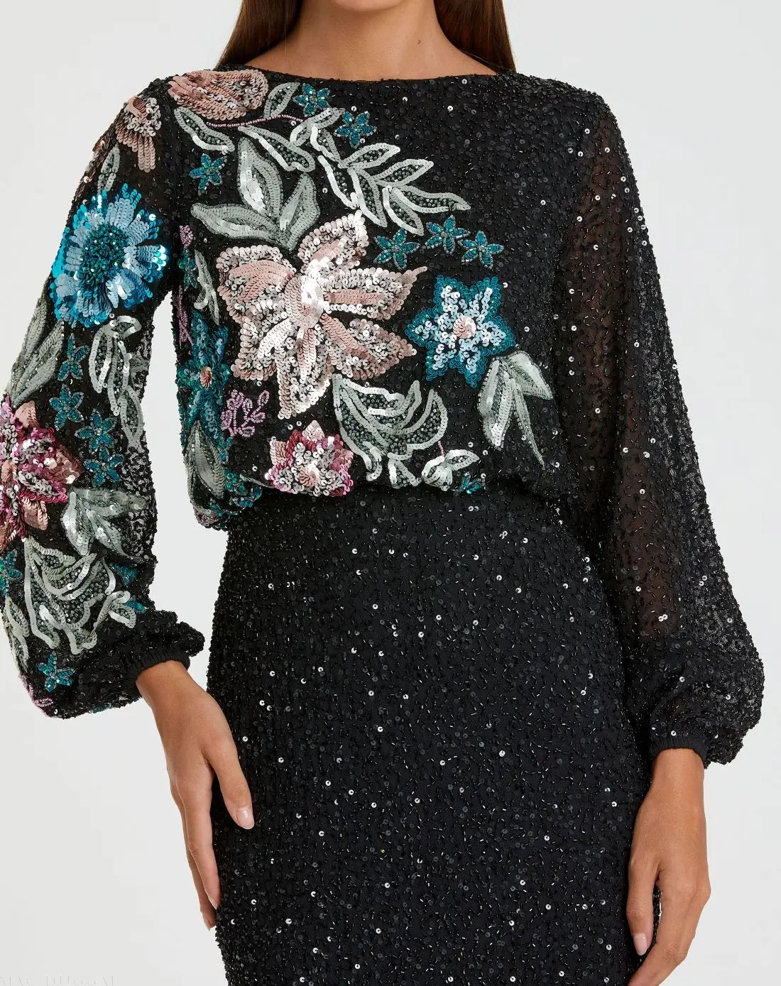 Black High Neck Long Sleeve Sequin Gown