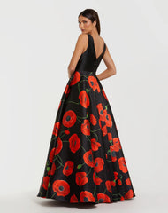 Black Plunge Neck Ballgown With Floral Mikado Skirt