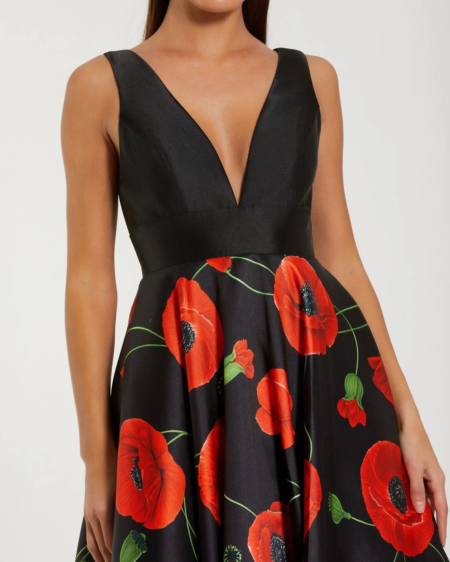 Black Plunge Neck Ballgown With Floral Mikado Skirt