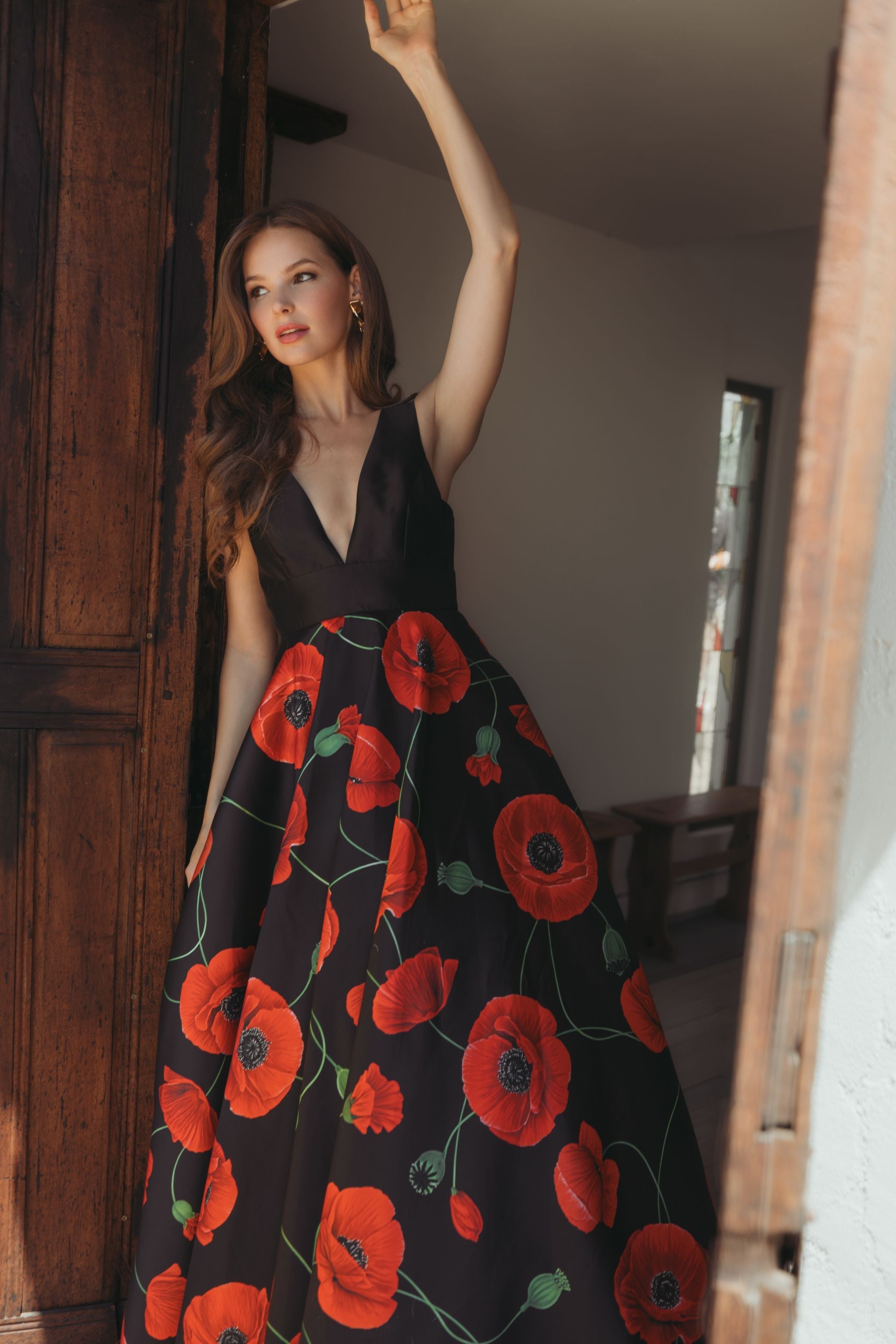 Black Plunge Neck Ballgown With Floral Mikado Skirt