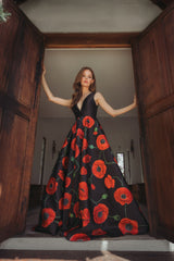 Black Plunge Neck Ballgown With Floral Mikado Skirt