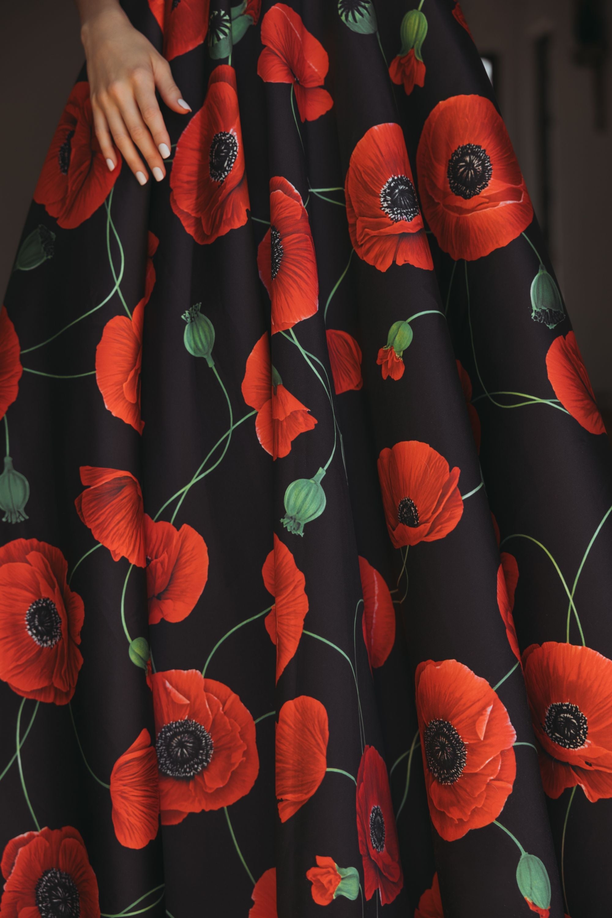 Black Plunge Neck Ballgown With Floral Mikado Skirt