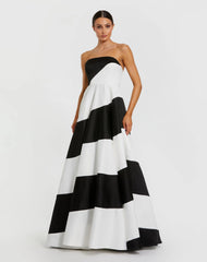 Black and White Striped Satin Strapless Ballgown
