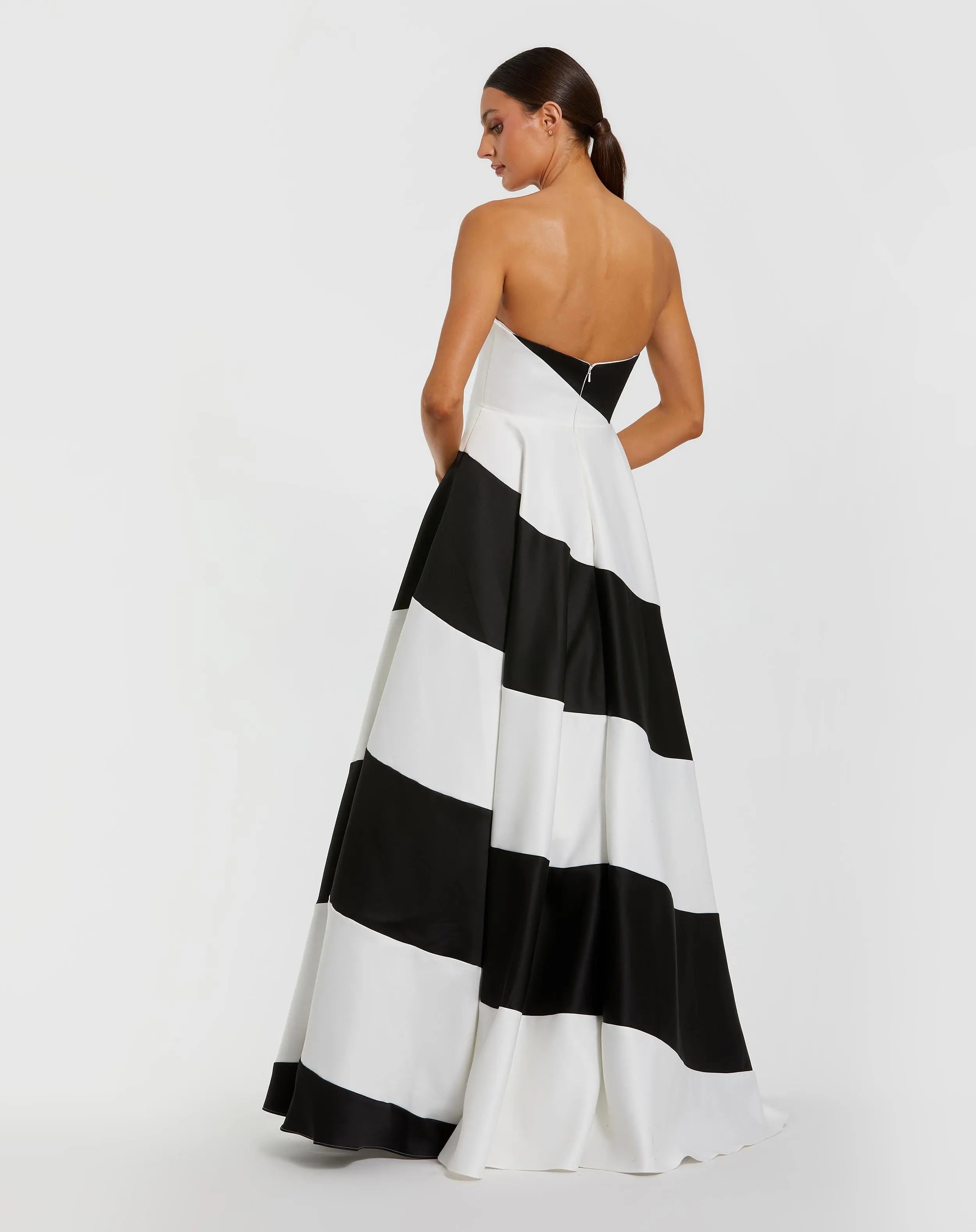 Black and White Striped Satin Strapless Ballgown