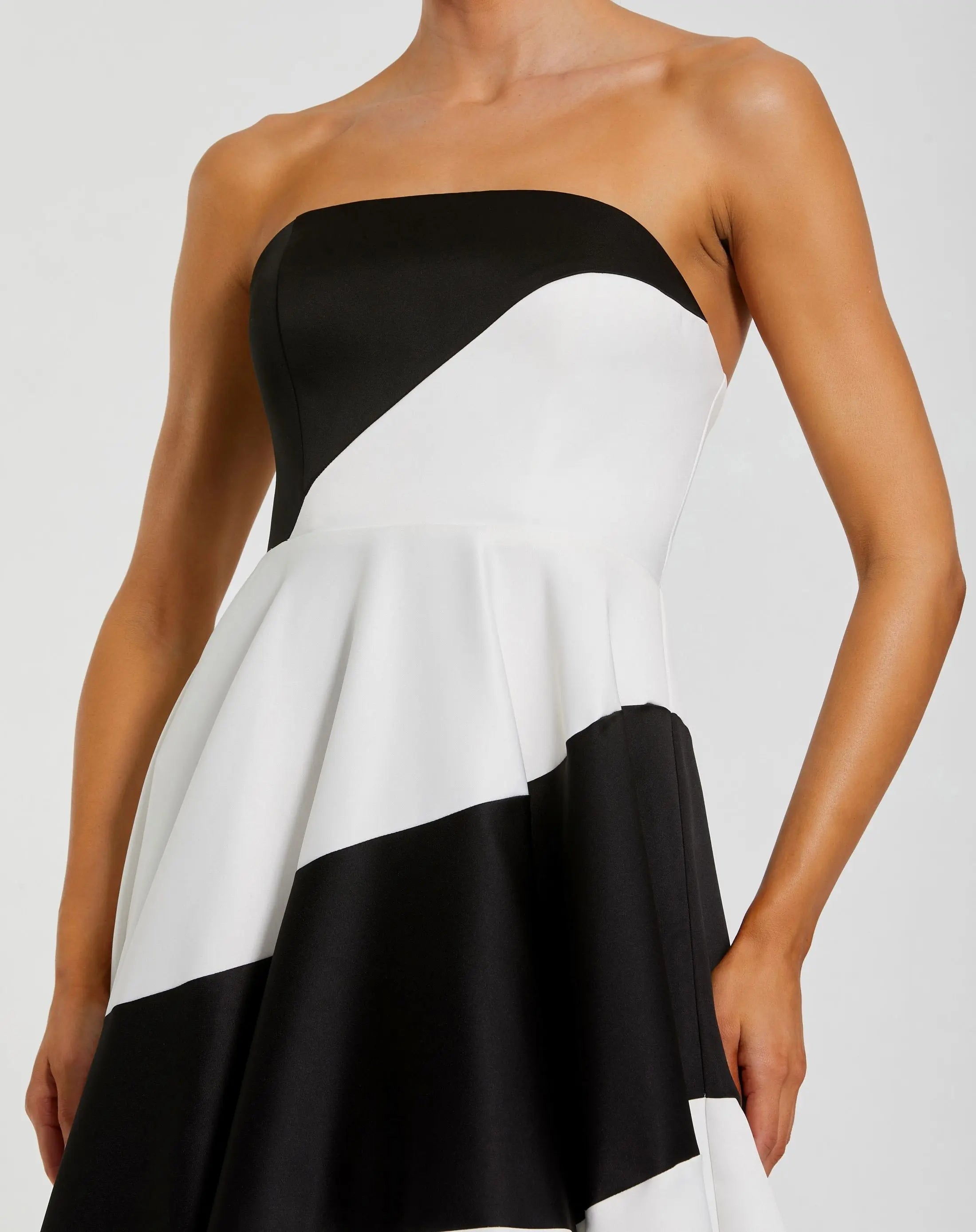 Black and White Striped Satin Strapless Ballgown