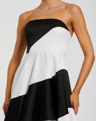 Black and White Striped Satin Strapless Ballgown