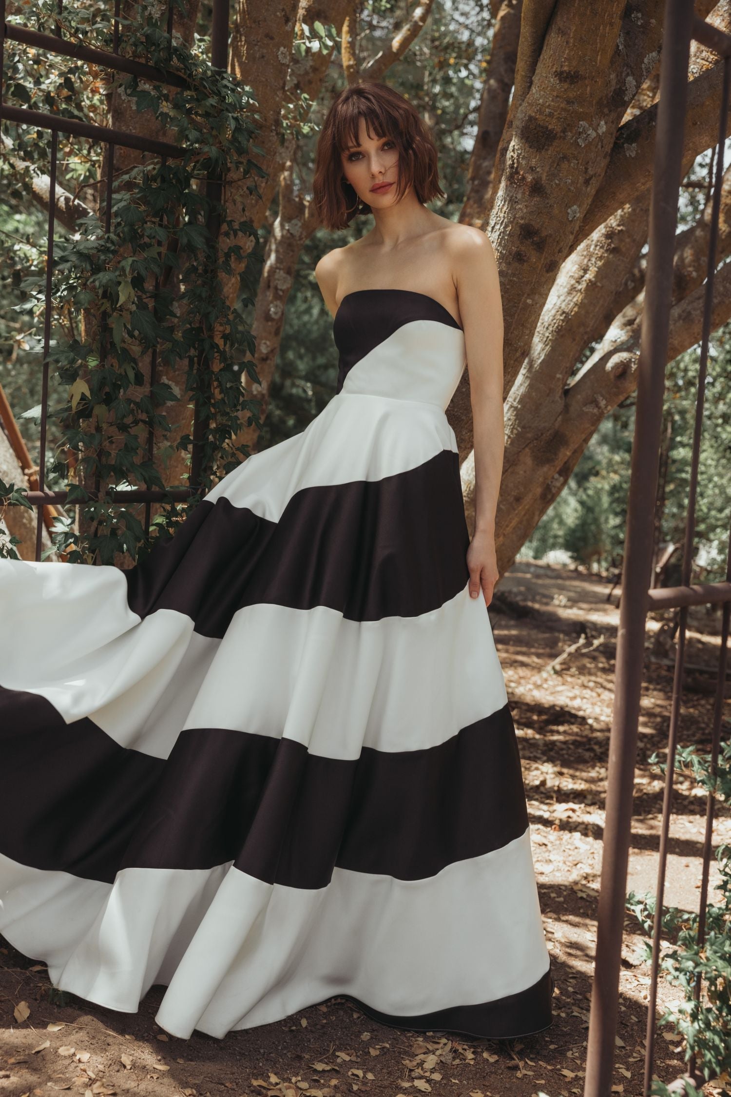 Black and White Striped Satin Strapless Ballgown