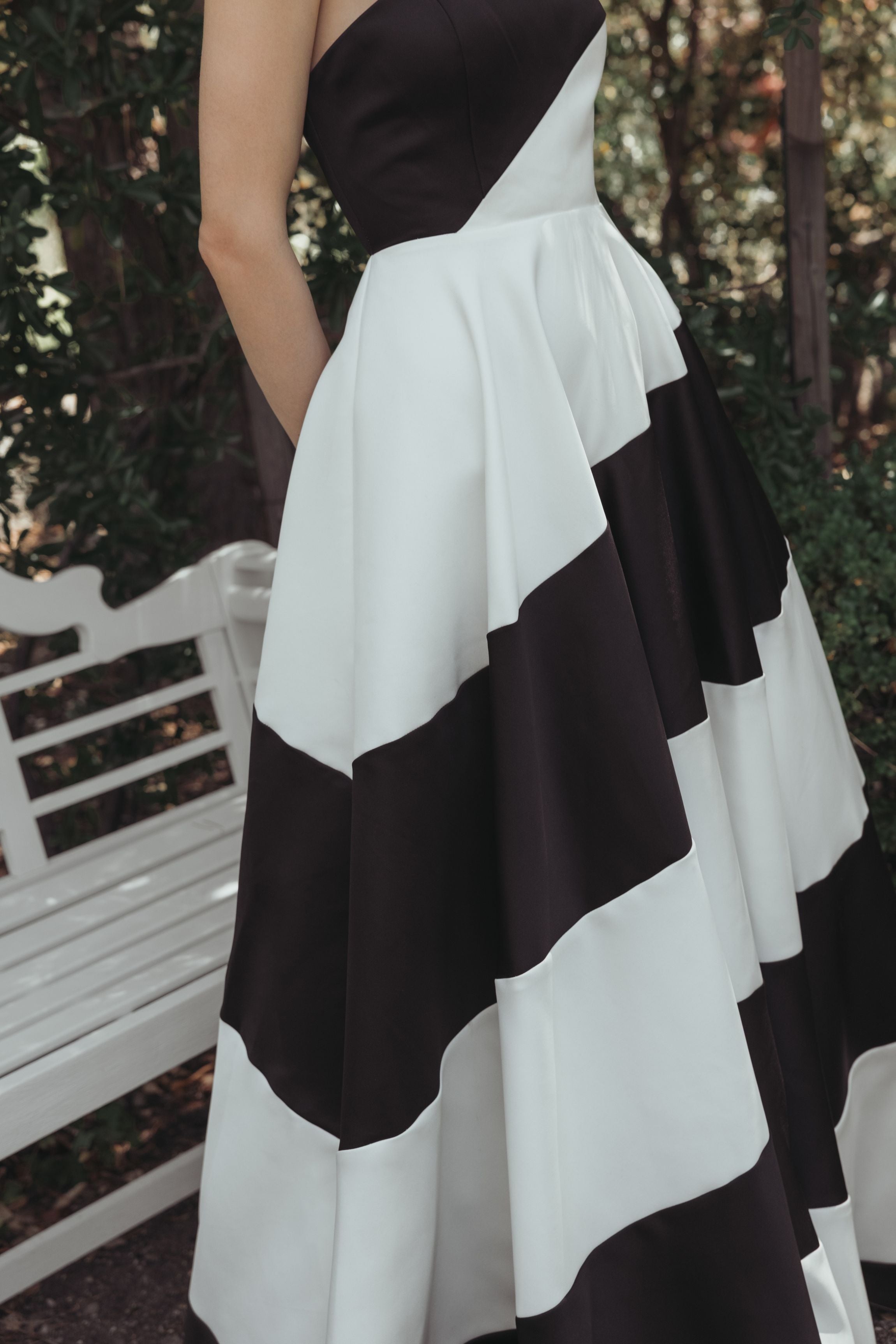Black and White Striped Satin Strapless Ballgown