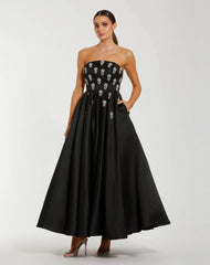 Crystal Embellished Strapless Satin A-Line Dress