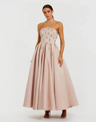 Crystal Embellished Strapless Satin A-Line Dress
