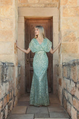 Green Draped Sleeve V Neck Gown